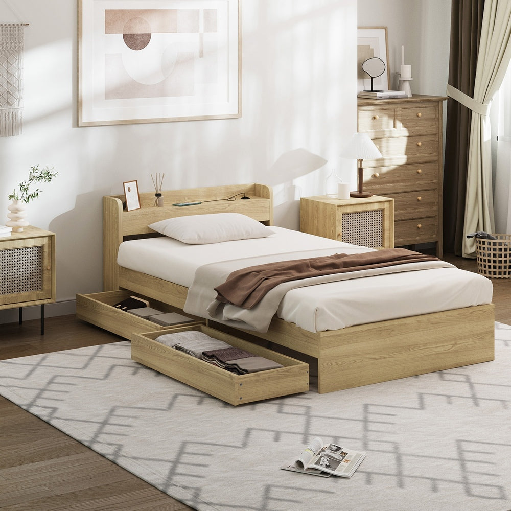 King Single Bed Frame with Two Drawers and Charging Ports