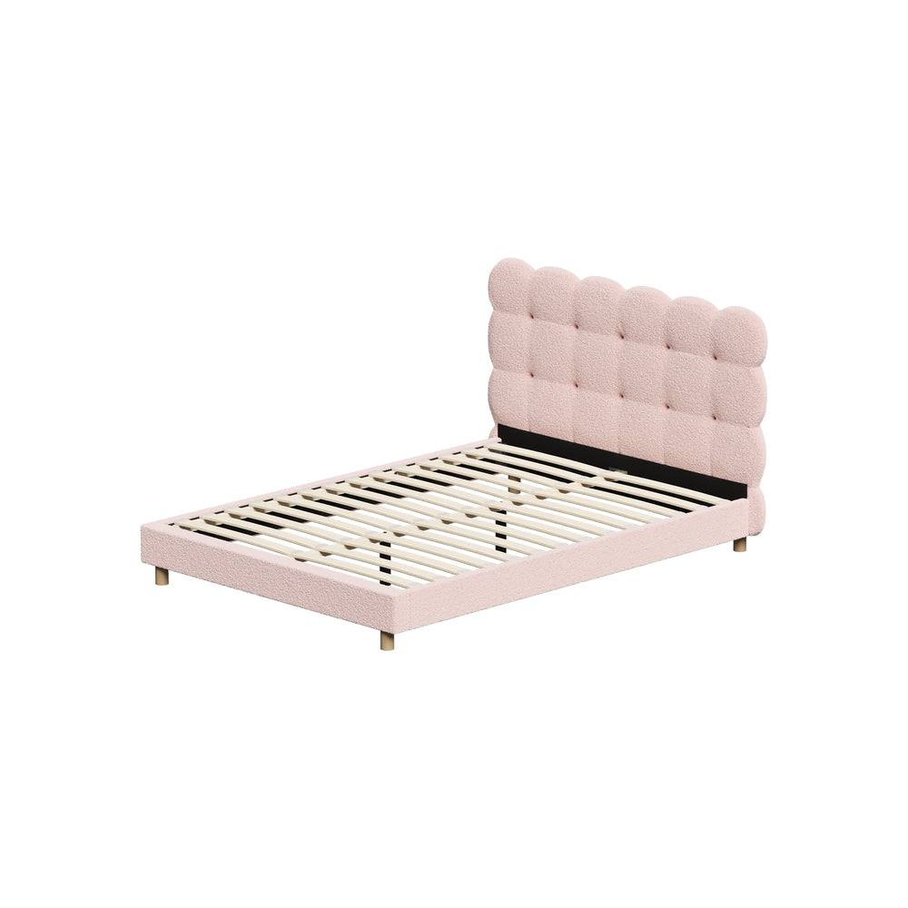 Pink Boucle Fabric Double Size Bed Frame with Tufted Bedhead
