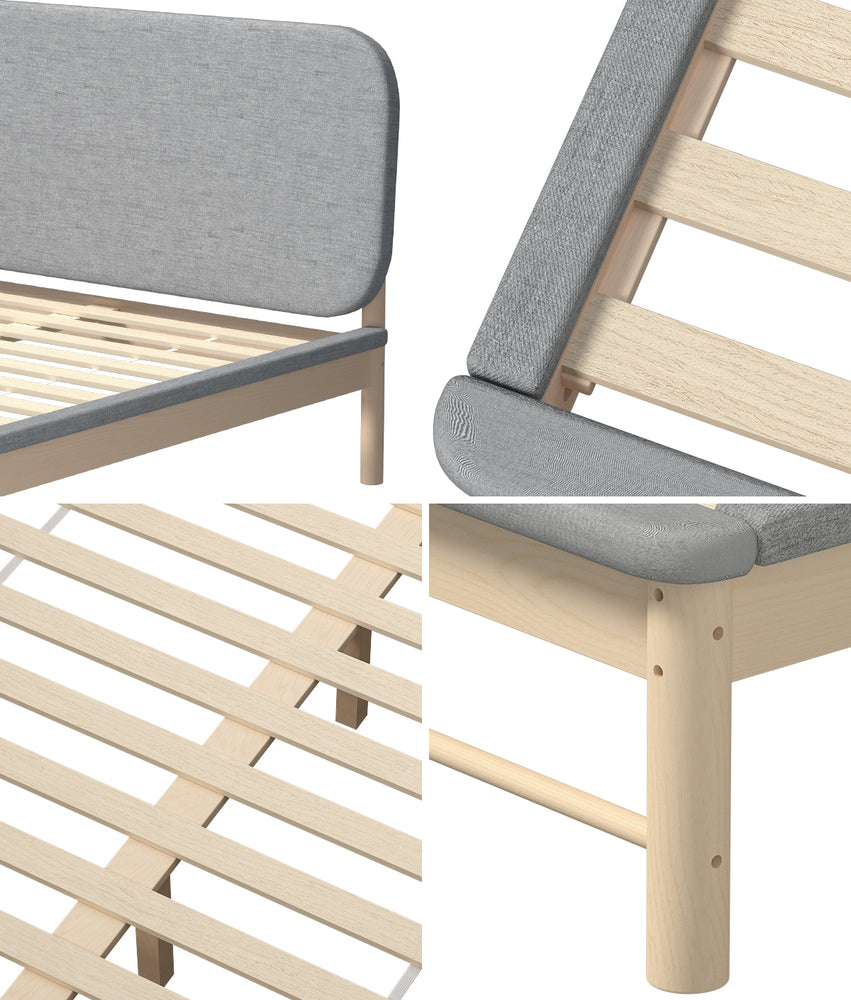Double Size Wooden Bed Frame with Padded Fabric Edges and Headboard