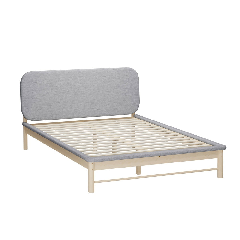 Double Size Wooden Bed Frame with Padded Fabric Edges and Headboard