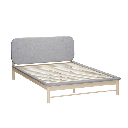 Double Size Wooden Bed Frame with Padded Fabric Edges and Headboard