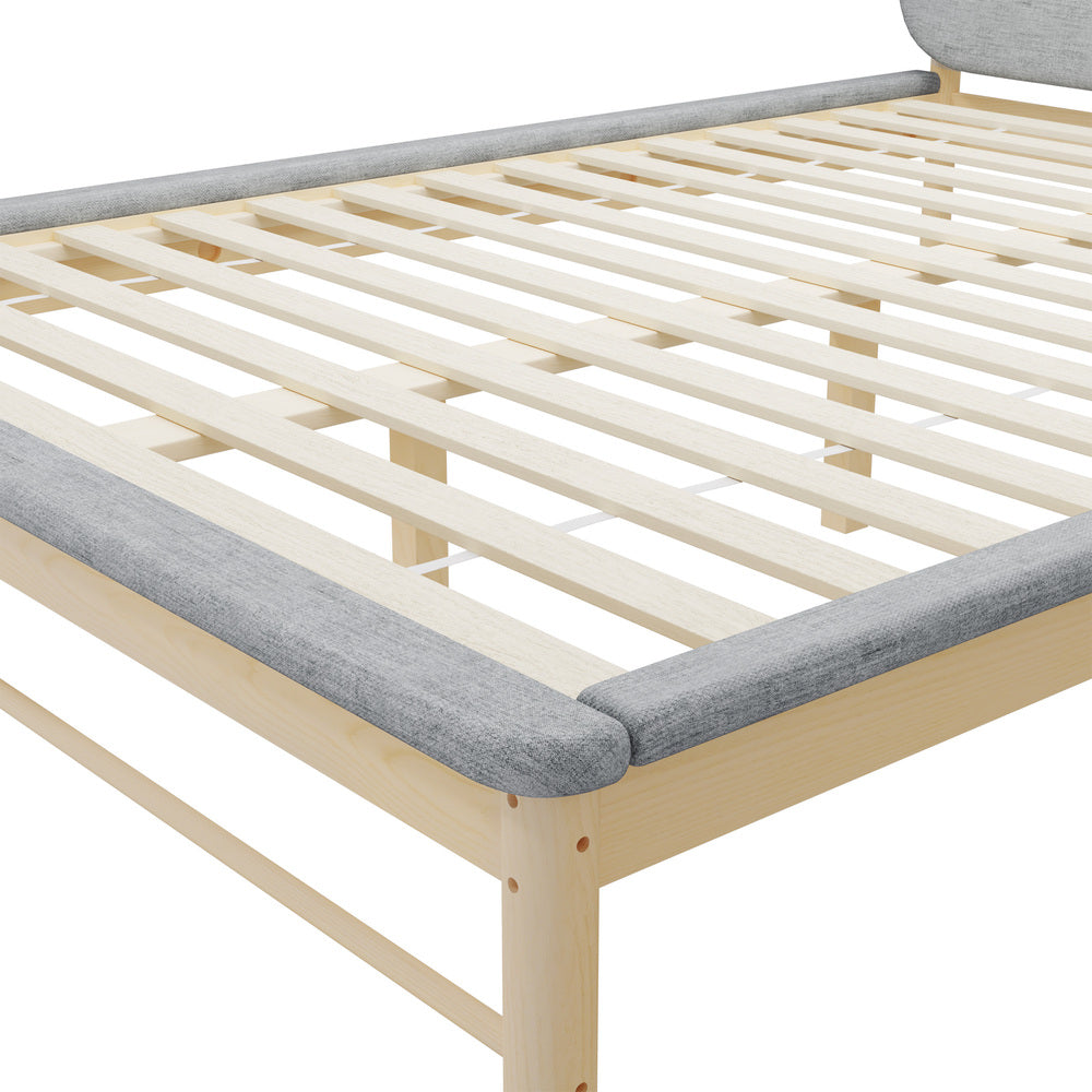 Double Size Wooden Bed Frame with Padded Fabric Edges and Headboard