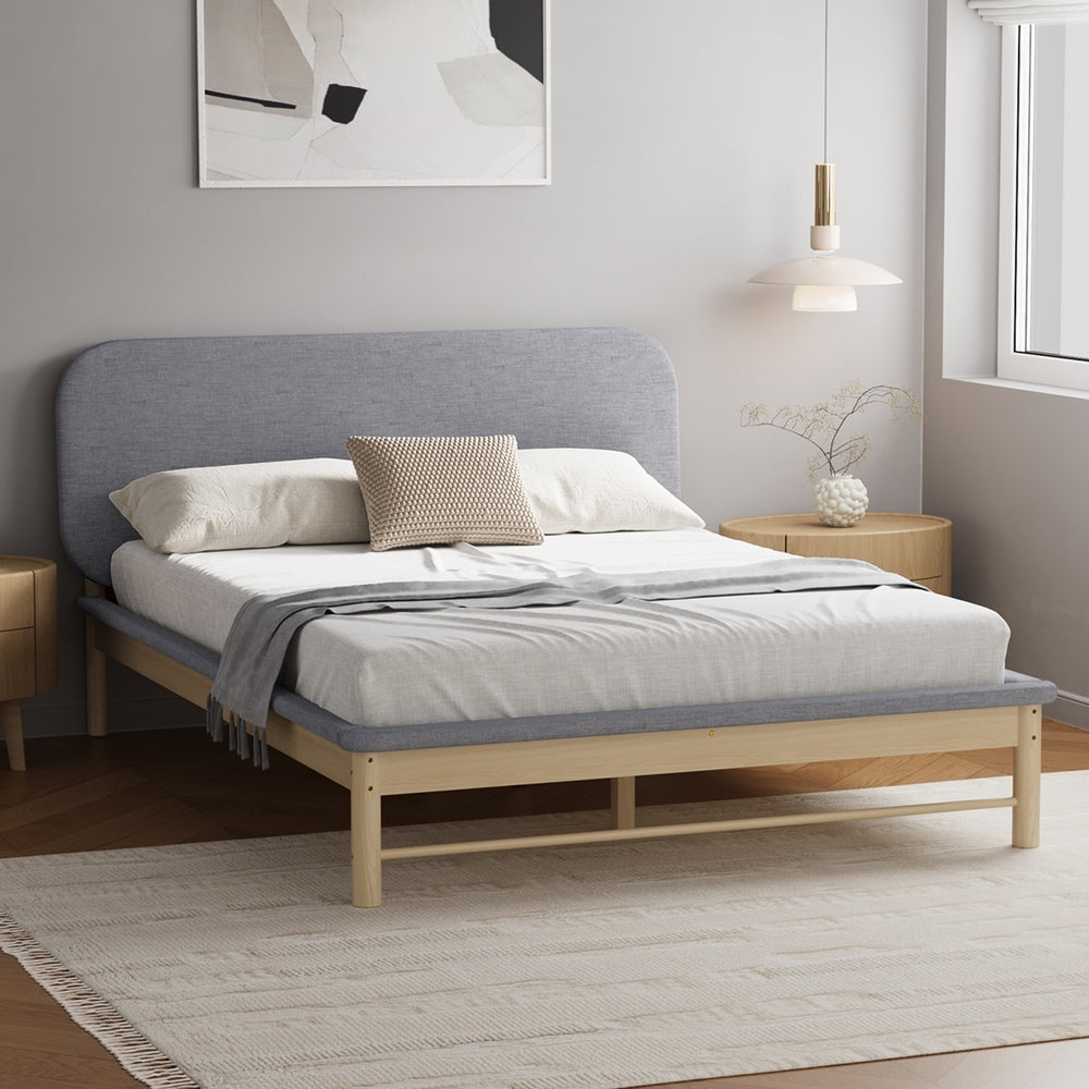 Double Size Wooden Bed Frame with Padded Fabric Edges and Headboard