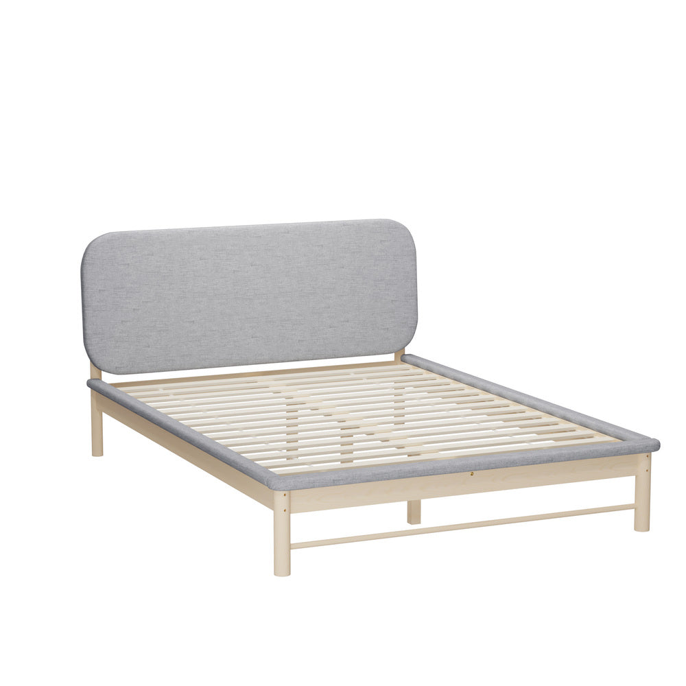Queen Size Wooden Bed Frame with Padded Fabric Edges and Headboard