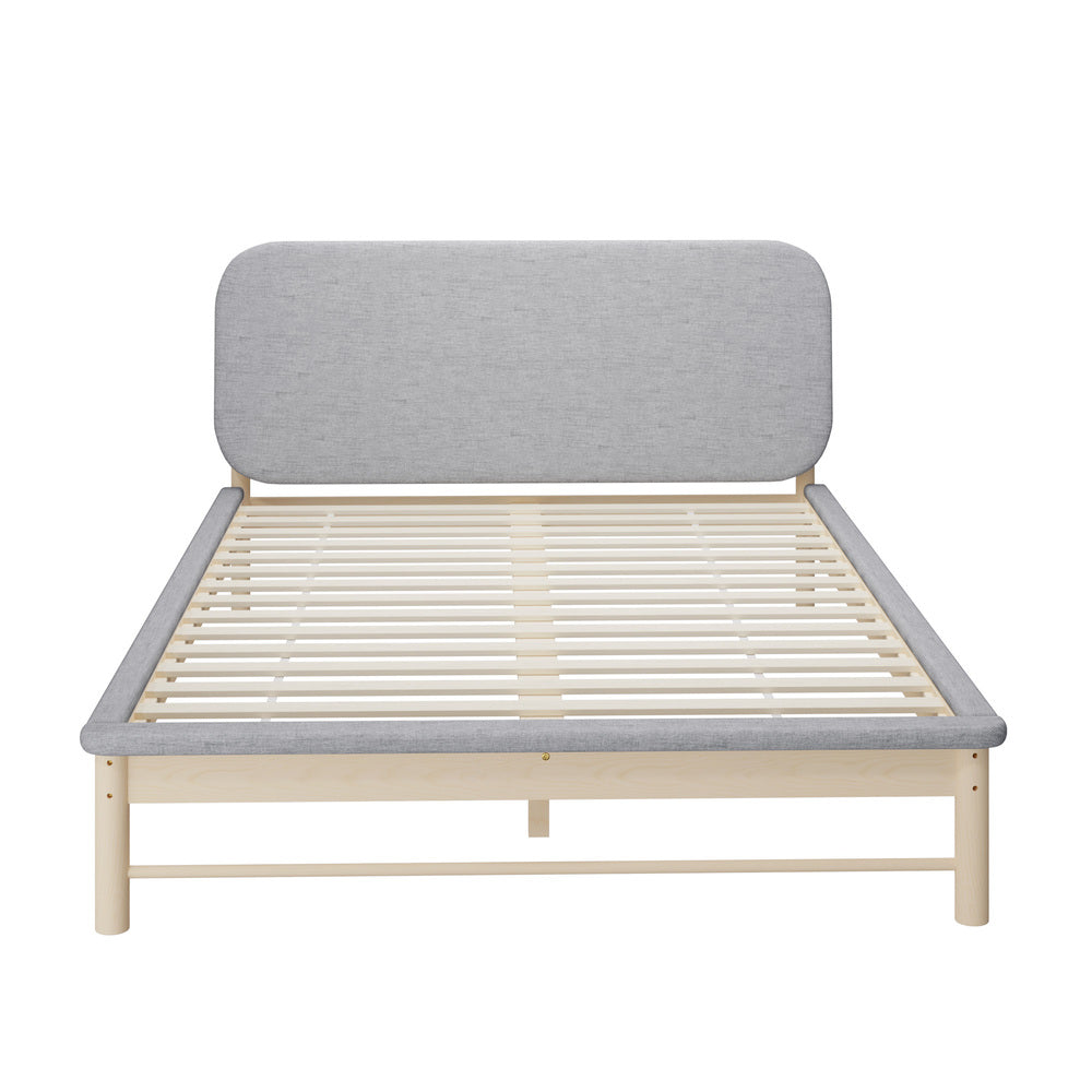 Queen Size Wooden Bed Frame with Padded Fabric Edges and Headboard