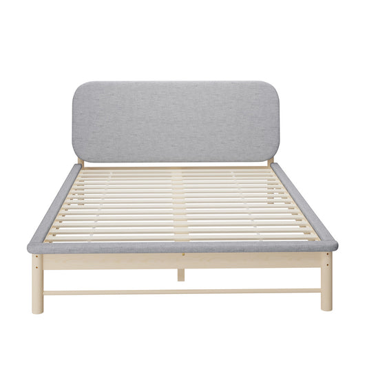 Queen Size Wooden Bed Frame with Padded Fabric Edges and Headboard