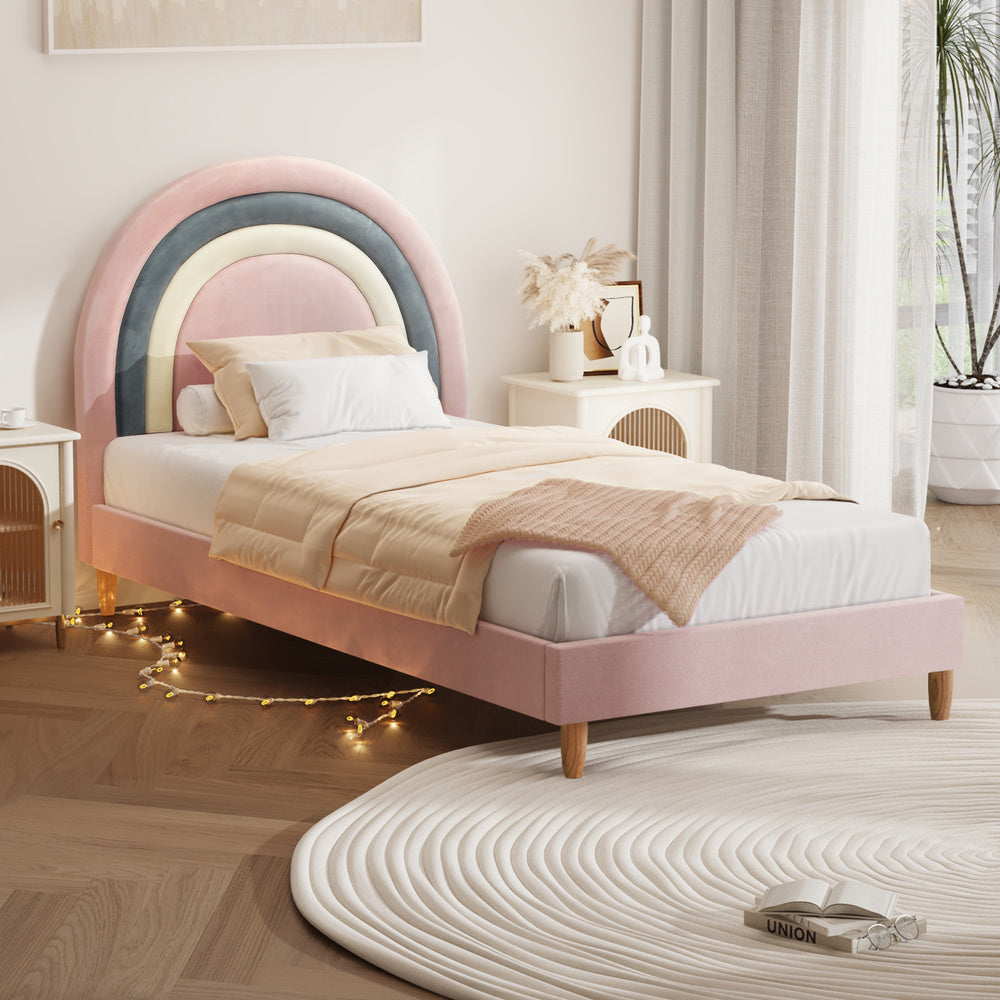 Single Size Pink Velvet Kids Bed Frame