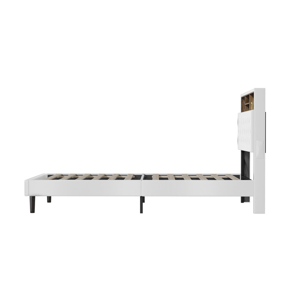 King Single Size White Bed Frame with LED Storage Bedhead