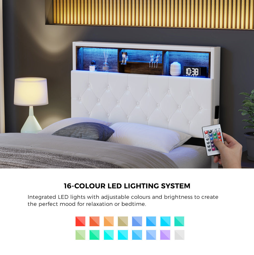 King Single Size White Bed Frame with LED Storage Bedhead
