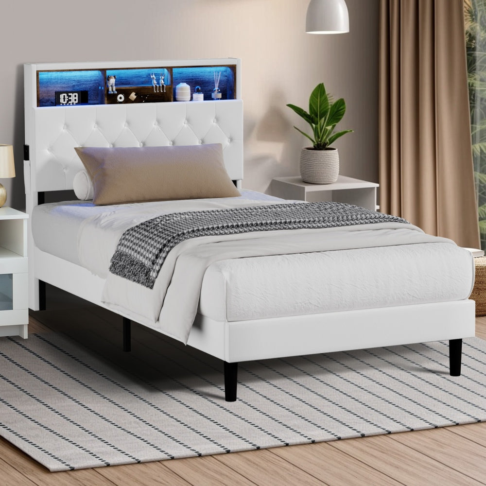 King Single Size White Bed Frame with LED Storage Bedhead