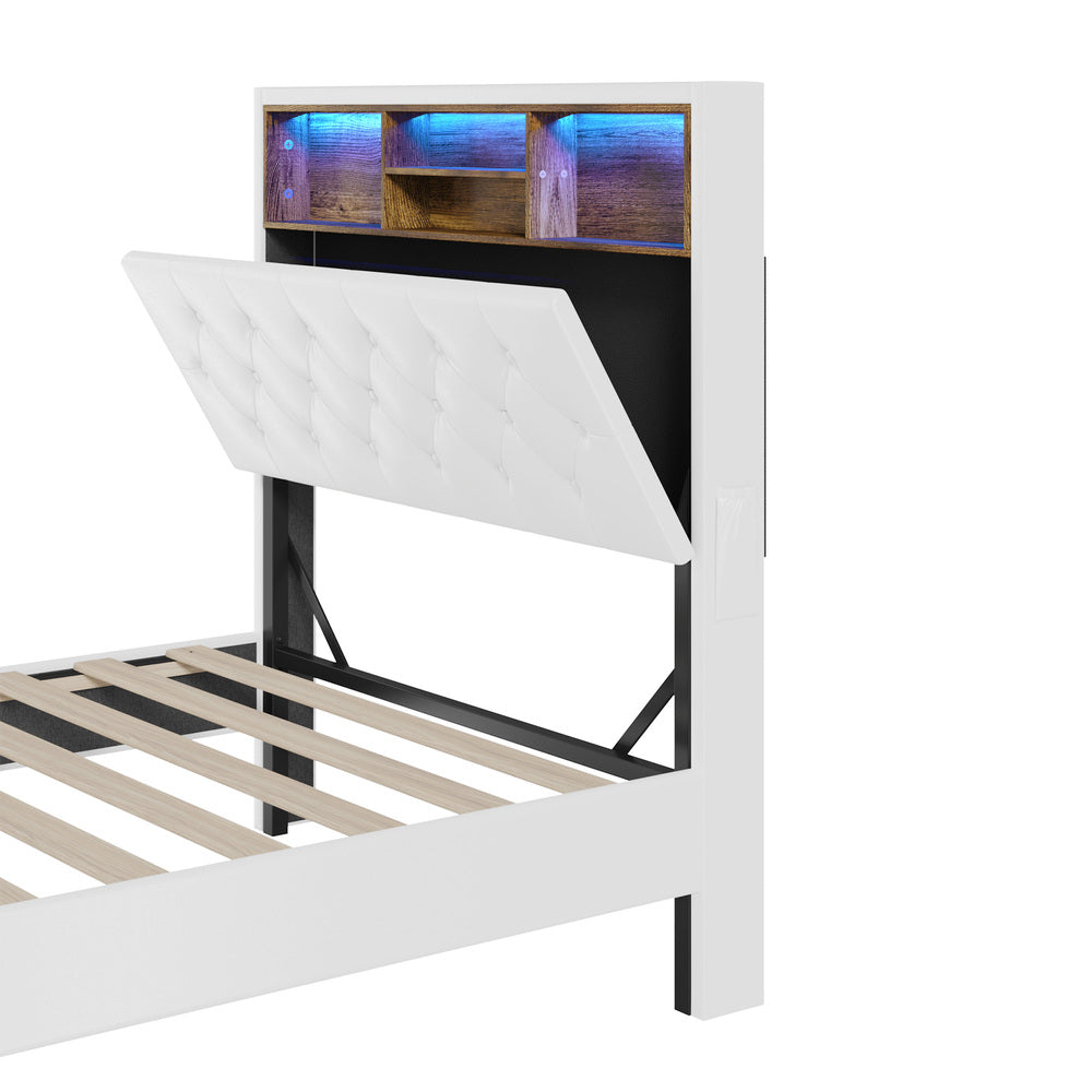 King Single Size White Bed Frame with LED Storage Bedhead