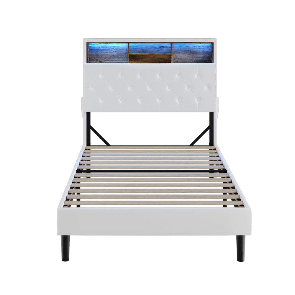 King Single Size White Bed Frame with LED Storage Bedhead
