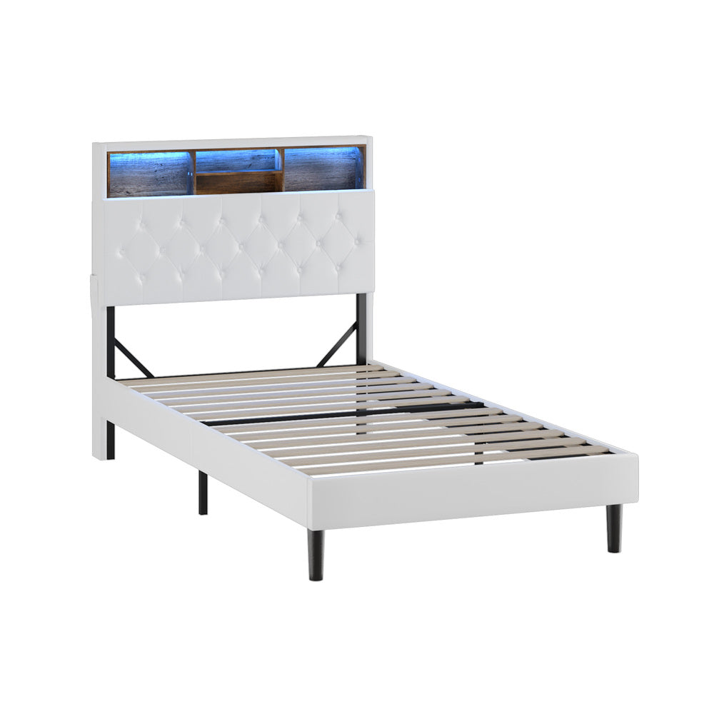 King Single Size White Bed Frame with LED Storage Bedhead