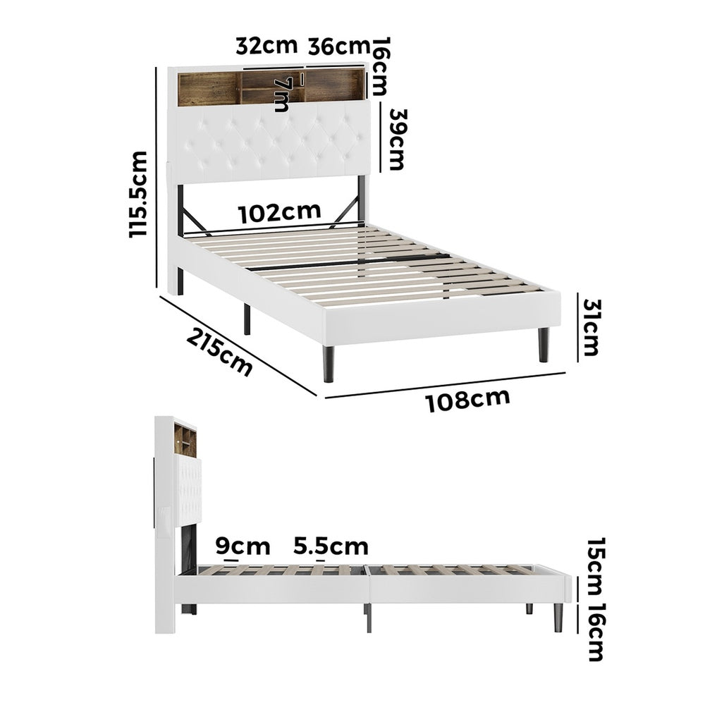 King Single Size White Bed Frame with LED Storage Bedhead
