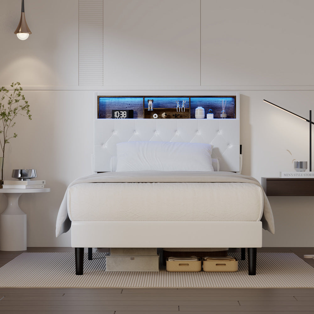 King Single Size White Bed Frame with LED Storage Bedhead