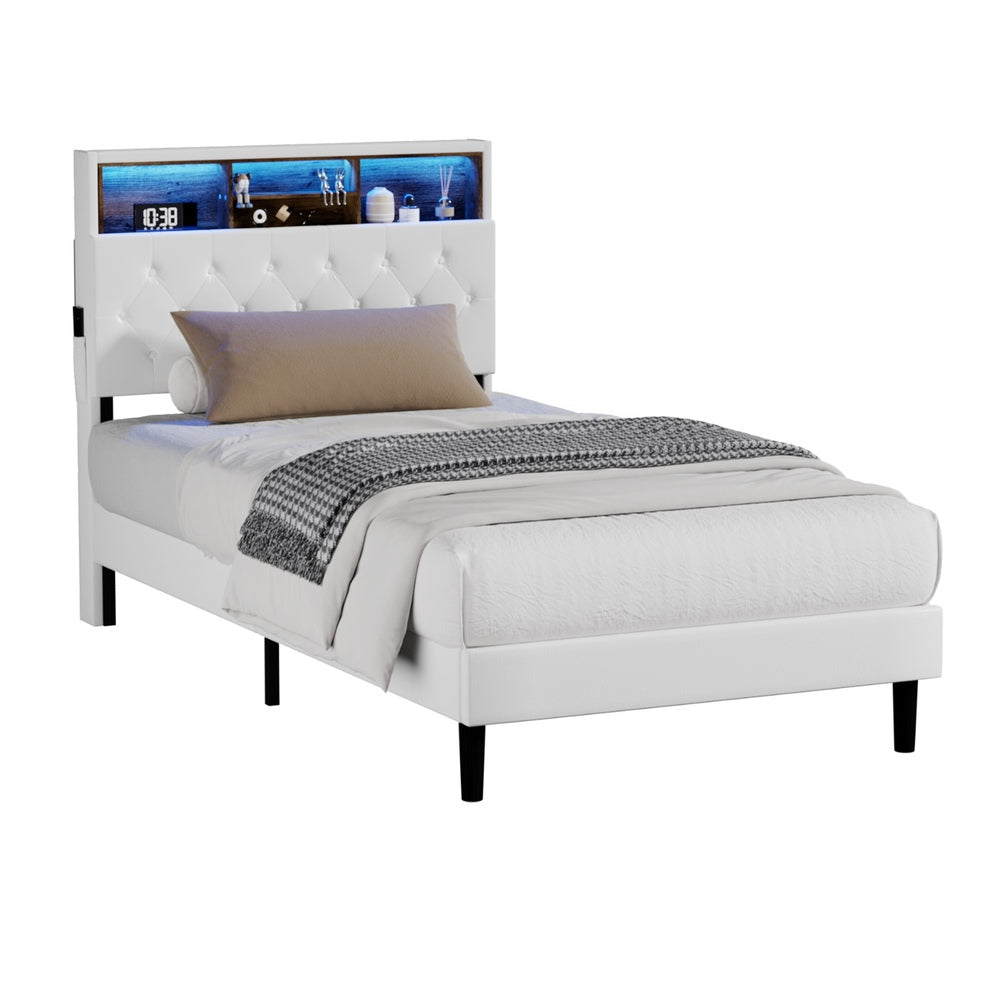 King Single Size White Bed Frame with LED Storage Bedhead