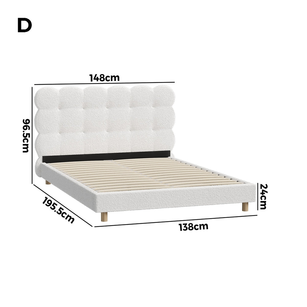 Double Bed Frame with White Boucle Fabric Tufted Bedhead