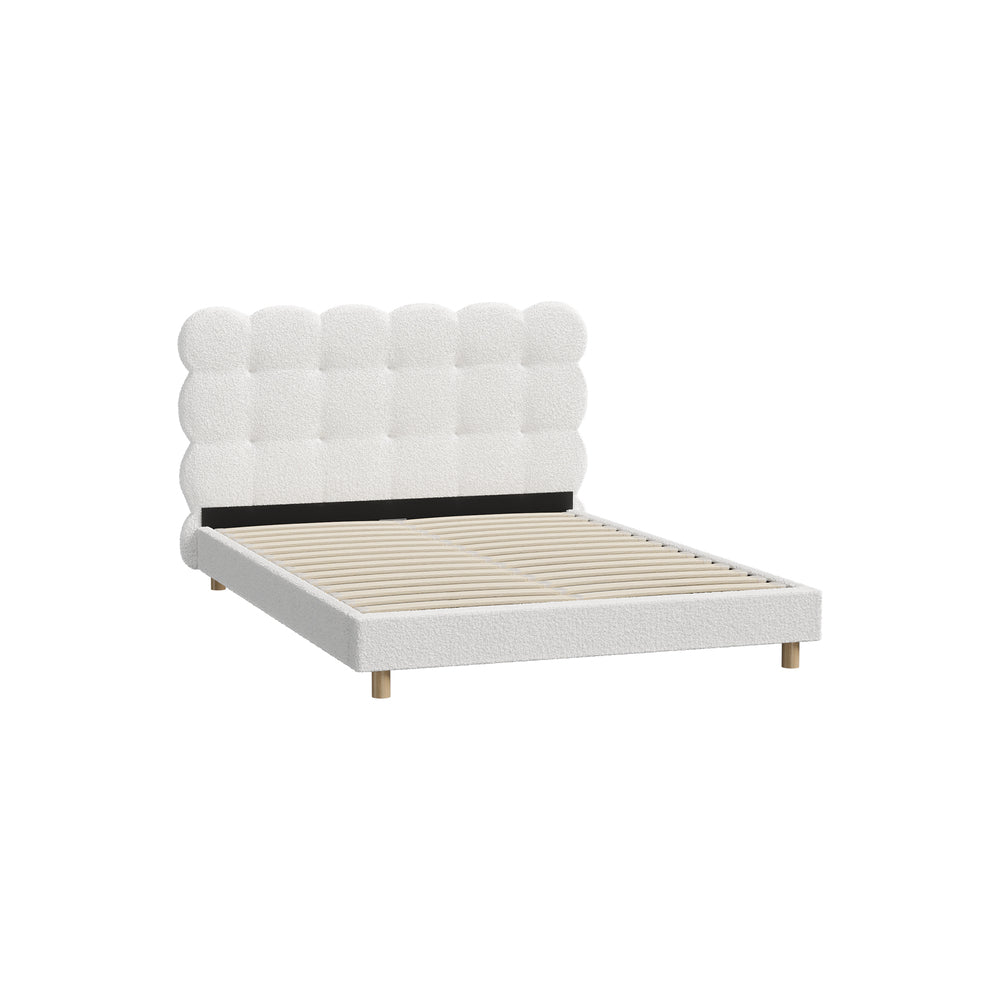 Double Bed Frame with White Boucle Fabric Tufted Bedhead