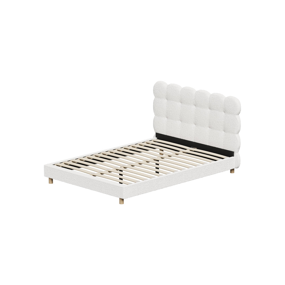 Double Bed Frame with White Boucle Fabric Tufted Bedhead