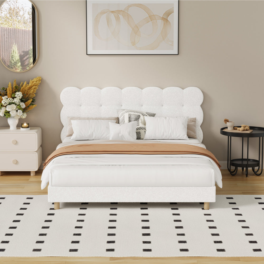 Queen Bed Frame with White Boucle Fabric Tufted Bedhead