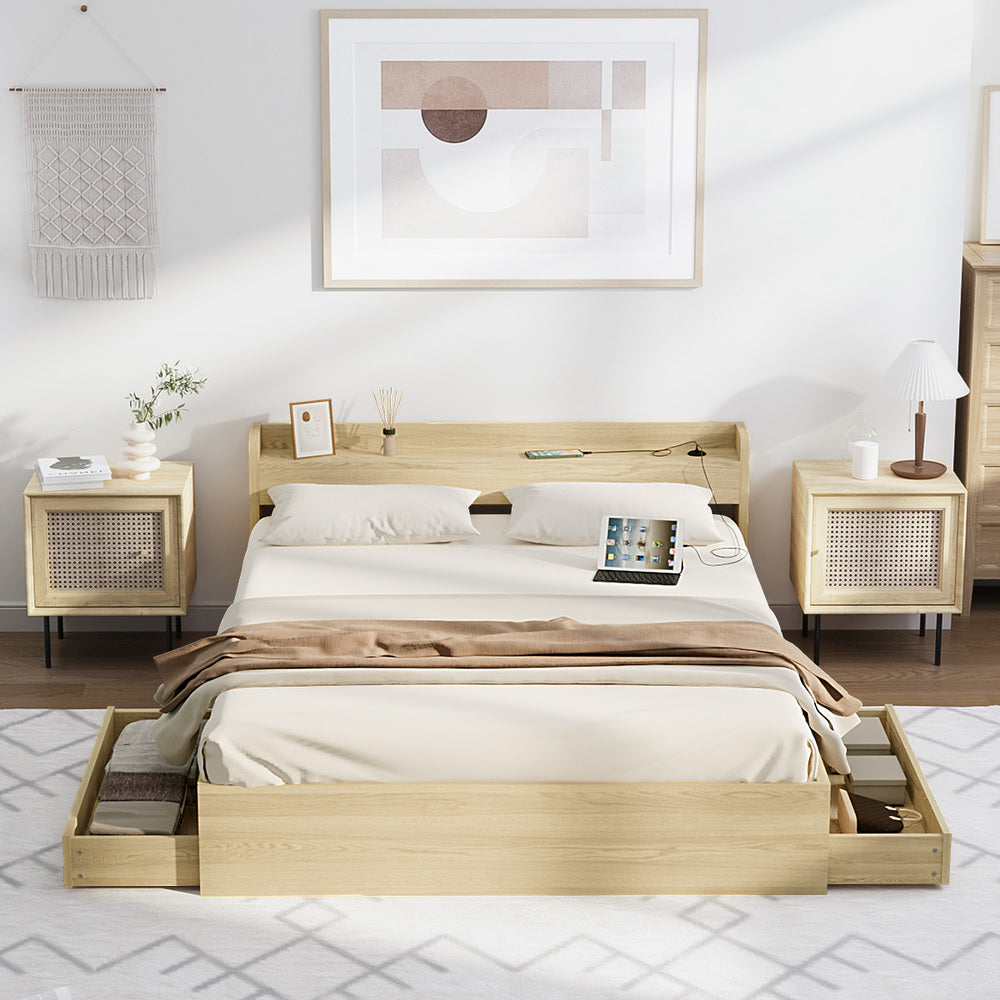 Double Bed Frame with Two Drawers and Charging Ports