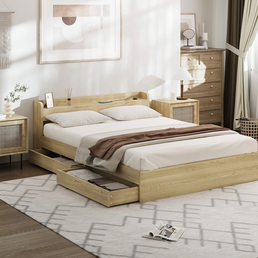 Double Bed Frame with Two Drawers and Charging Ports