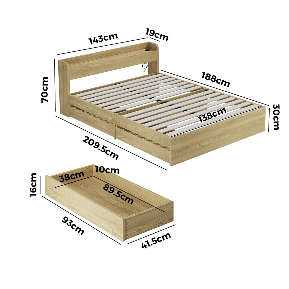 Double Bed Frame with Two Drawers and Charging Ports