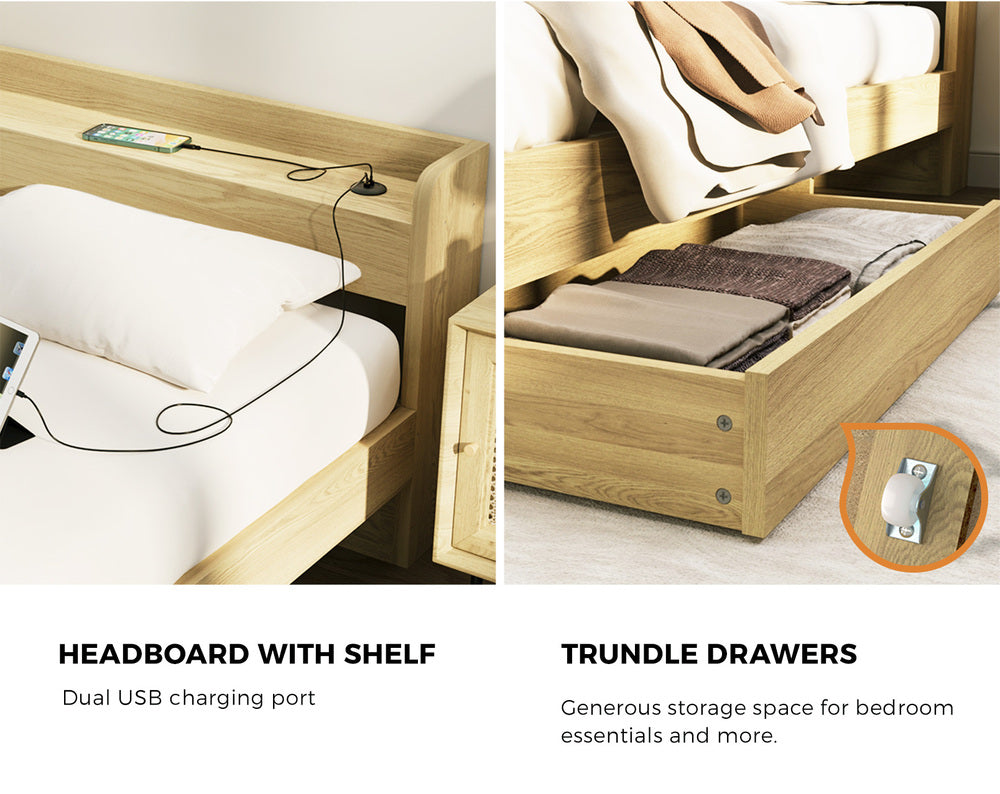 King Single Bed Frame with Two Drawers and Charging Ports