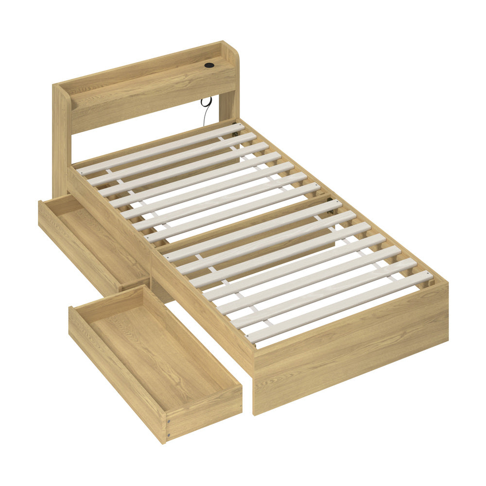 King Single Bed Frame with Two Drawers and Charging Ports