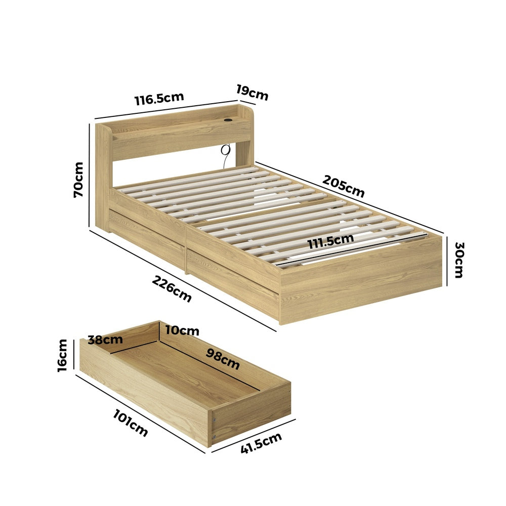 King Single Bed Frame with Two Drawers and Charging Ports