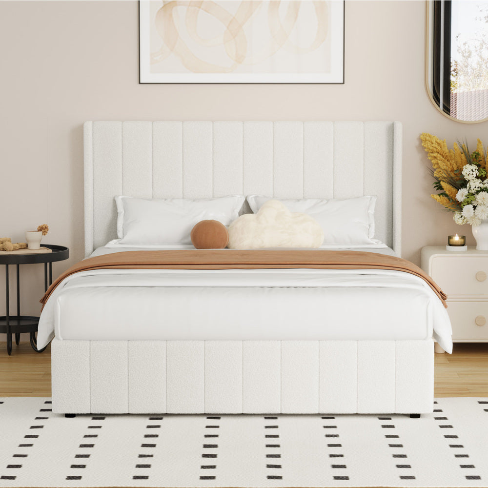 White Boucle Fabric Double Size Bed Frame with Gas Lift Base