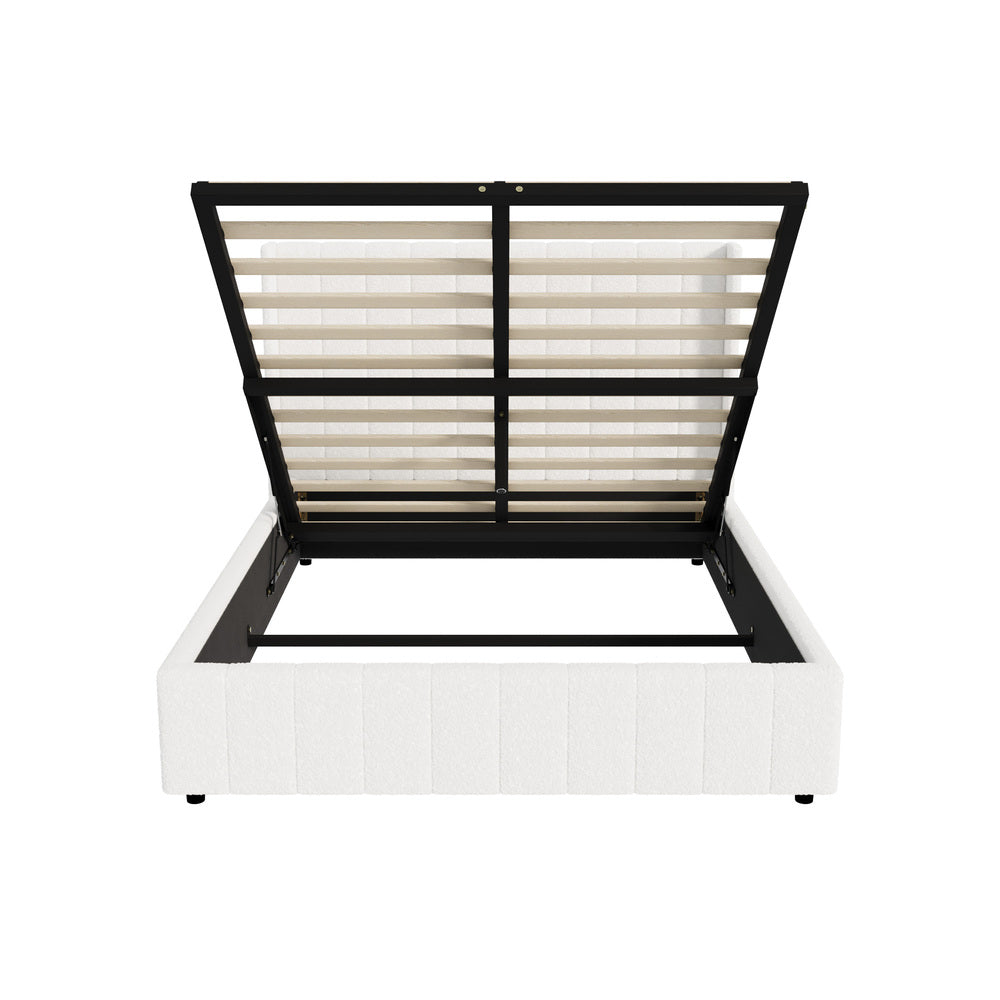 White Boucle Fabric Double Size Bed Frame with Gas Lift Base