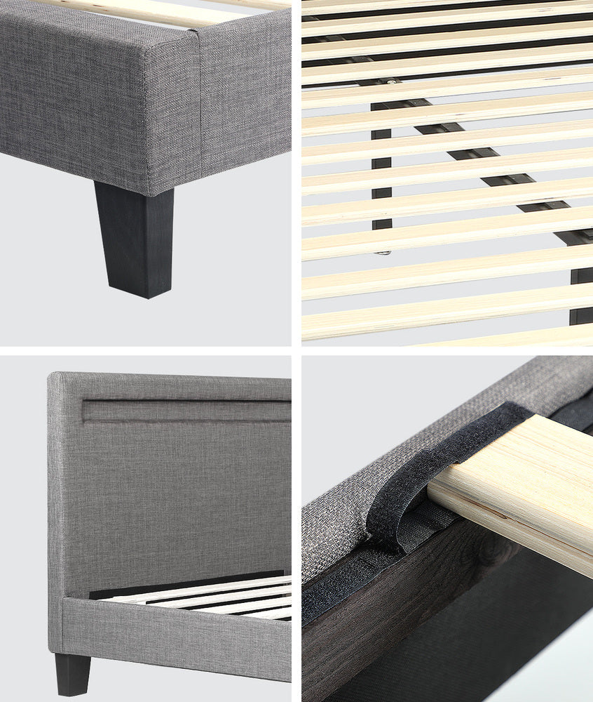 Grey Fabric Wooden Queen Size Bed Frame with RGB LED