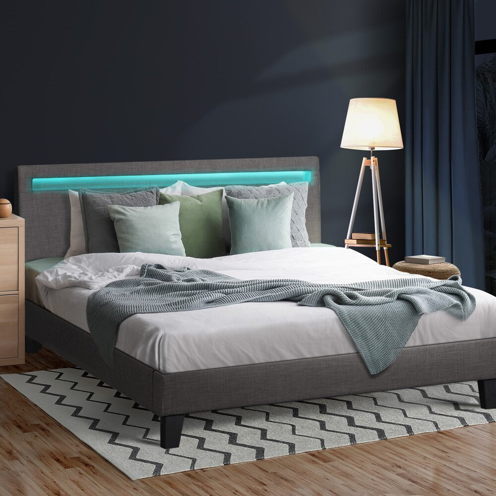 Grey Fabric Wooden Queen Size Bed Frame with RGB LED