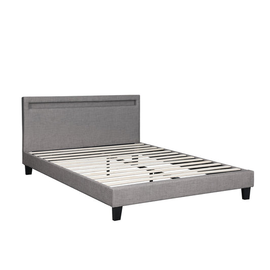 Grey Fabric Wooden Queen Size Bed Frame with RGB LED