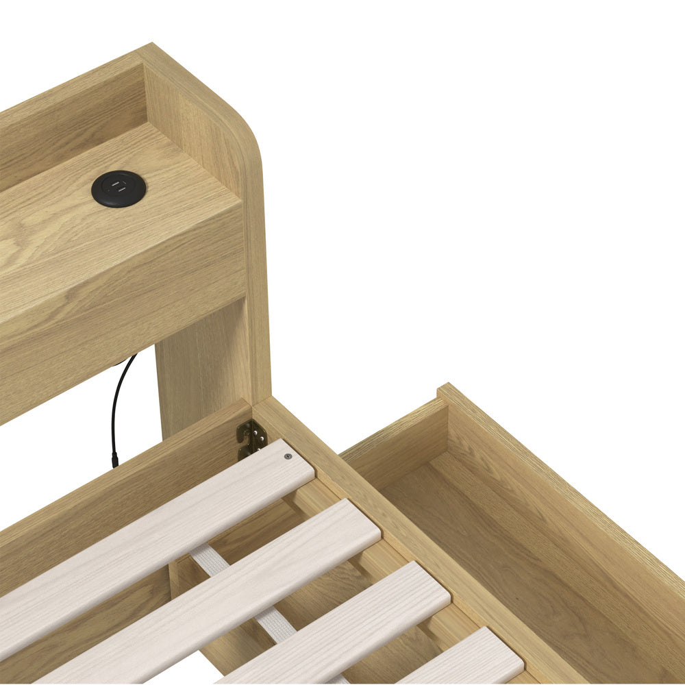 Natural Single Size Bed Frame with 2 Drawers and Charging Ports
