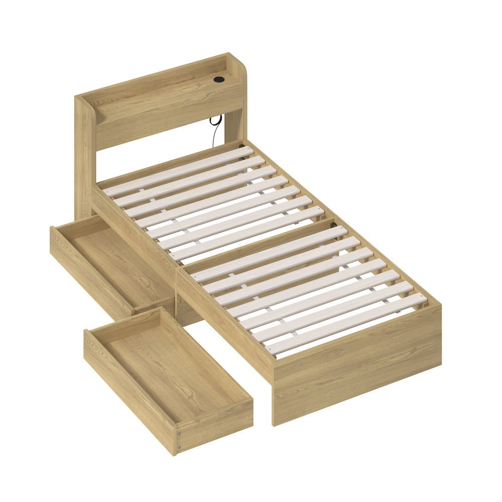 Natural Single Size Bed Frame with 2 Drawers and Charging Ports