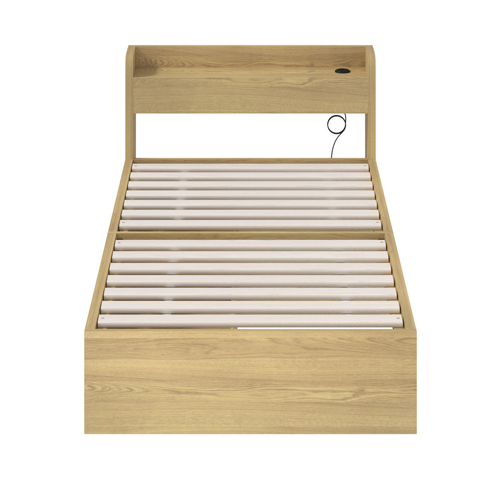 Natural Single Size Bed Frame with 2 Drawers and Charging Ports