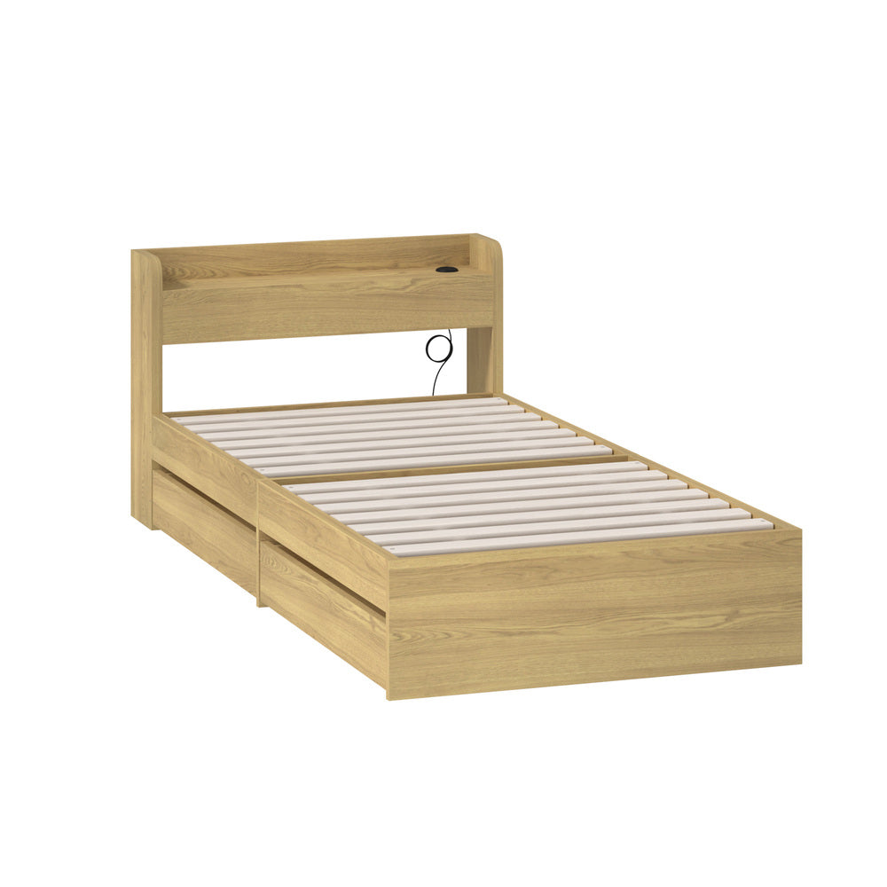 Natural Single Size Bed Frame with 2 Drawers and Charging Ports