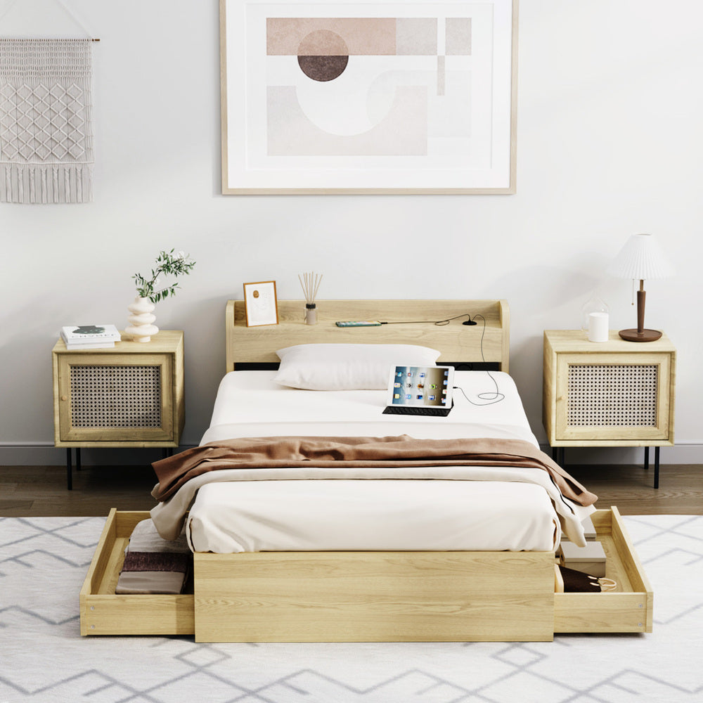 Natural Single Size Bed Frame with 2 Drawers and Charging Ports