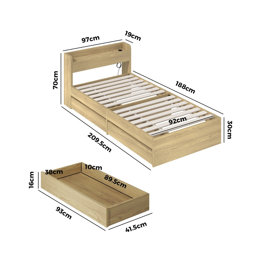 Natural Single Size Bed Frame with 2 Drawers and Charging Ports